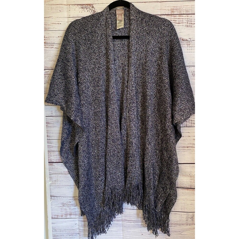 Chicos Women Fringe Shawl O/S Black Metallic Silver Knit Shrug One Size